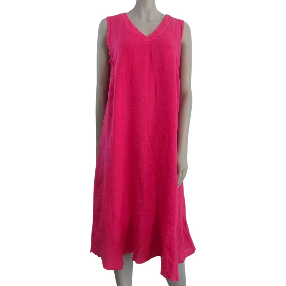 Pink Italian Linen Shift Dress Small Midi Length Sleeveless Relaxed Fit V Neck - Picture 13 of 13
